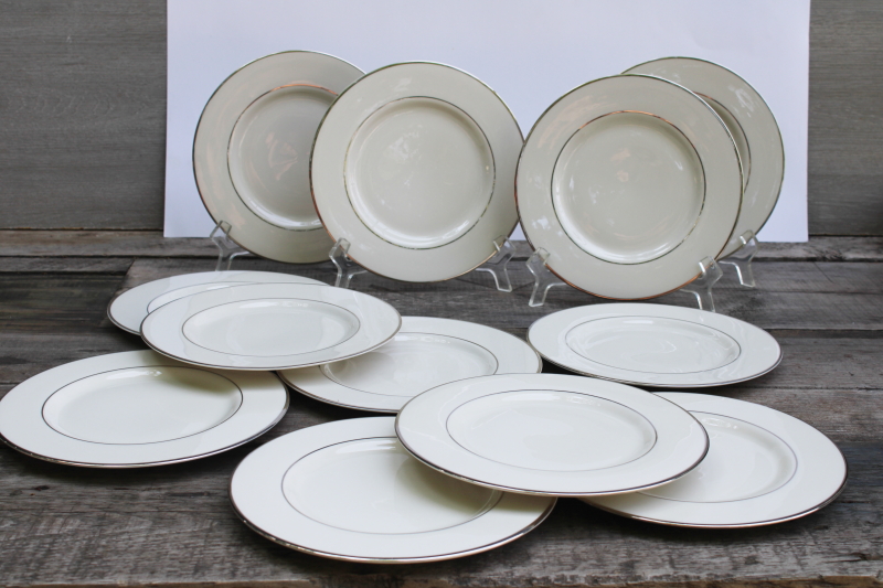 photo of set of 12 mint condition salad plates vintage Japan fine china, Lenox style ivory porcelain w/ platinum silver band  #6