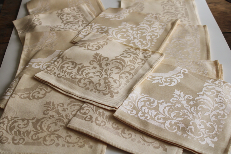 photo of set of 12 never used vintage cotton rayon damask napkins, soft pale mustard gold yellow  #1