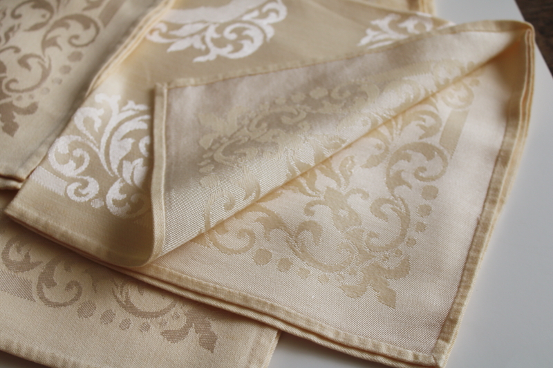 photo of set of 12 never used vintage cotton rayon damask napkins, soft pale mustard gold yellow  #2