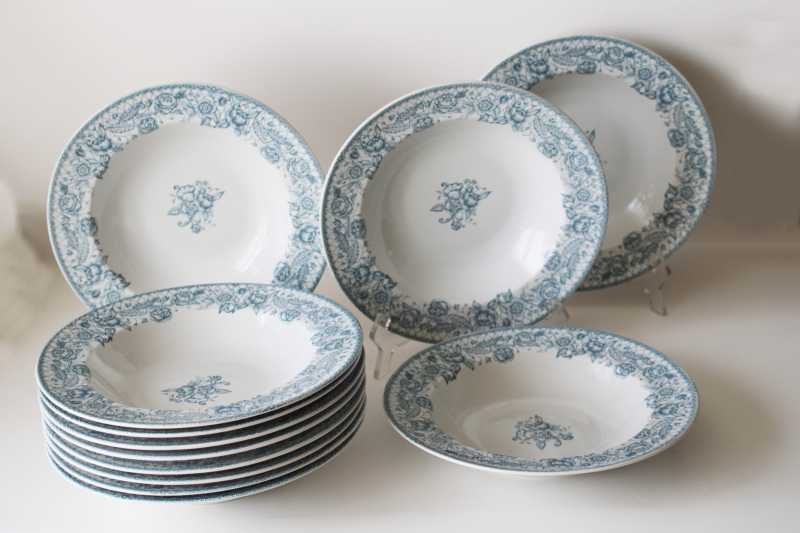 photo of set of 12 pasta dishes or soup bowls Petite Rose blue on white Coventry stoneware  #1