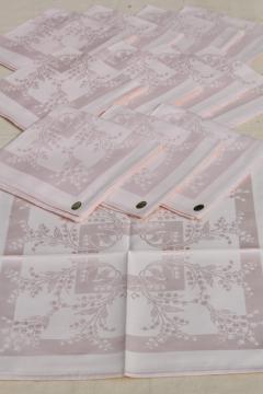 catalog photo of set of 12 pink cotton rayon damask cloth dinner napkins, unused table linen, vintage linens