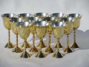 catalog photo of set of 12 tiny tinned solid brass goblets, vintage liqueur glasses, silver & gold