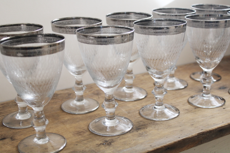 photo of set of 12 vintage Tiffin platinum band needle etched water goblets or wine glasses #1