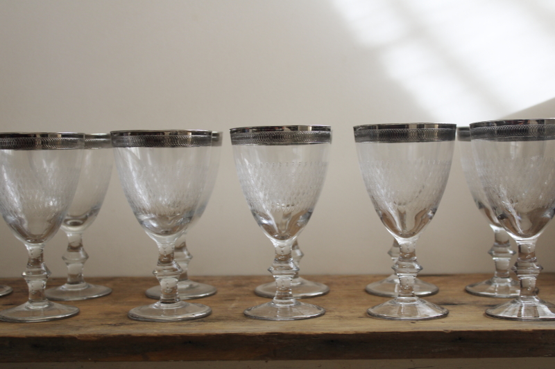 photo of set of 12 vintage Tiffin platinum band needle etched water goblets or wine glasses #2