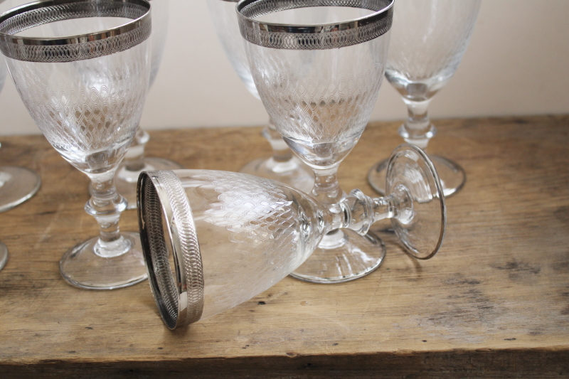 photo of set of 12 vintage Tiffin platinum band needle etched water goblets or wine glasses #8