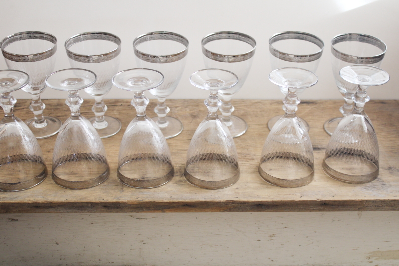 photo of set of 12 vintage Tiffin platinum band needle etched water goblets or wine glasses #9