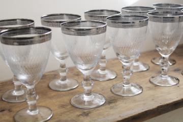 catalog photo of set of 12 vintage Tiffin platinum band needle etched water goblets or wine glasses