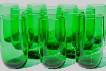 catalog photo of set of 12 vintage forest green glass roly poly tumblers, 50s retro drinking glasses