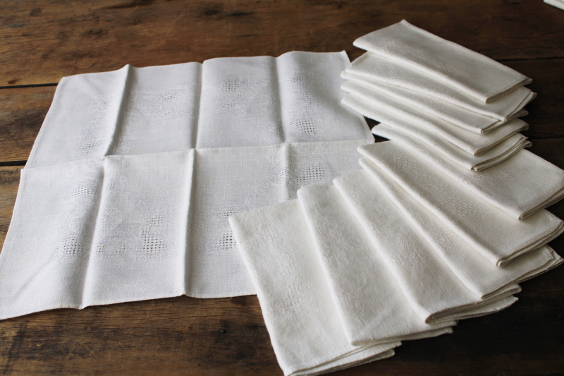 photo of set of 12 vintage linen weave cotton napkins w/ pulled drawn thread work & embroidery #1