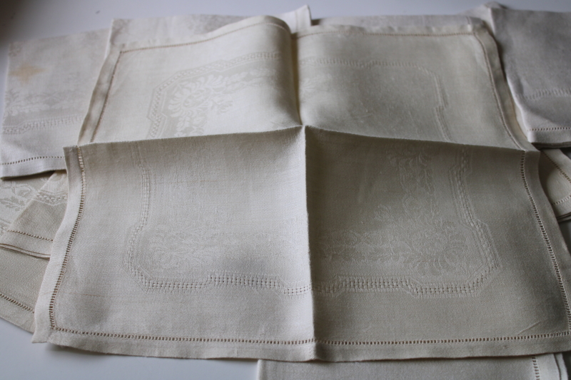photo of set of 12 vintage pure linen damask napkins, pale ivory w/ chrysanthemums pattern  #2