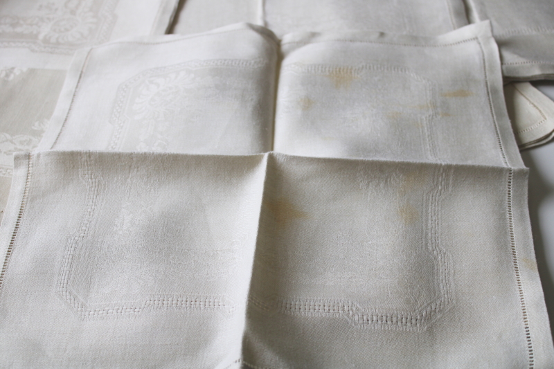 photo of set of 12 vintage pure linen damask napkins, pale ivory w/ chrysanthemums pattern  #6