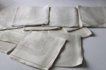 catalog photo of set of 12 vintage pure linen damask napkins, pale ivory w/ chrysanthemums pattern 