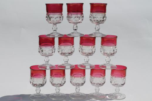 photo of set of 12 vintage wine glasses, King's Crown pattern glass w/ ruby band, red flashed color #1
