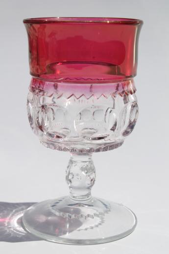 photo of set of 12 vintage wine glasses, King's Crown pattern glass w/ ruby band, red flashed color #2