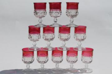 catalog photo of set of 12 vintage wine glasses, King's Crown pattern glass w/ ruby band, red flashed color