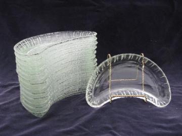 catalog photo of set of 14 crescent shaped glass side plates or salad dishes, large fruit bowls