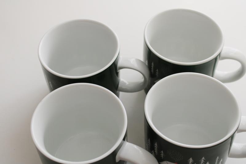 photo of set of 4 Danica short retreat coffee mugs, camp cabin in the pine trees woods #2