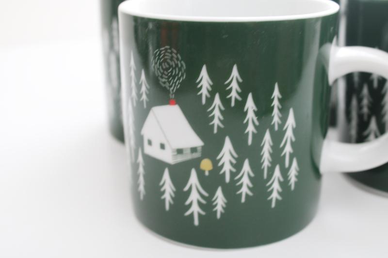 photo of set of 4 Danica short retreat coffee mugs, camp cabin in the pine trees woods #3