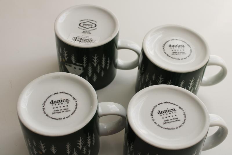 photo of set of 4 Danica short retreat coffee mugs, camp cabin in the pine trees woods #4