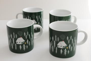 catalog photo of set of 4 Danica short retreat coffee mugs, camp cabin in the pine trees woods