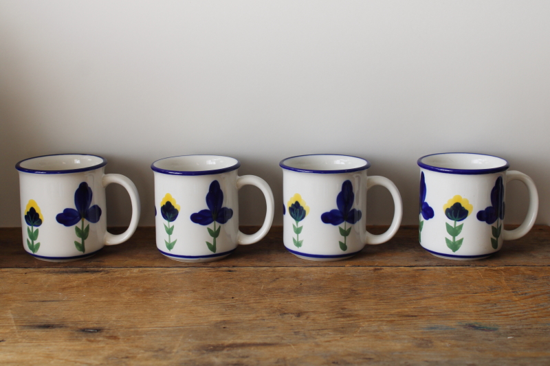photo of set of 4 Dansk San Nicolo pattern mugs, cobalt blue & yellow flowers on white  #1