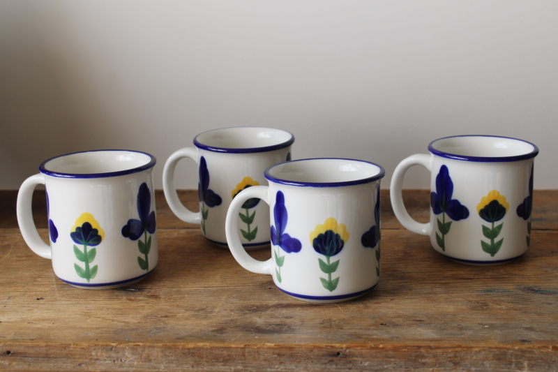 photo of set of 4 Dansk San Nicolo pattern mugs, cobalt blue & yellow flowers on white  #6