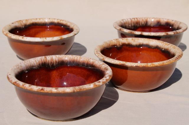 photo of set of 4 brown drip stoneware bowls, vintage Hull oven proof pottery mirror brown glaze #1