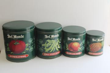 set of 4 metal kitchen canister tins, vintage Del Monte can label graphics 