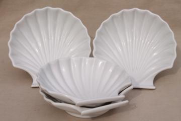 catalog photo of set of 4 seashell scallop shell shaped baking dishes, oven microwave safe ceramic