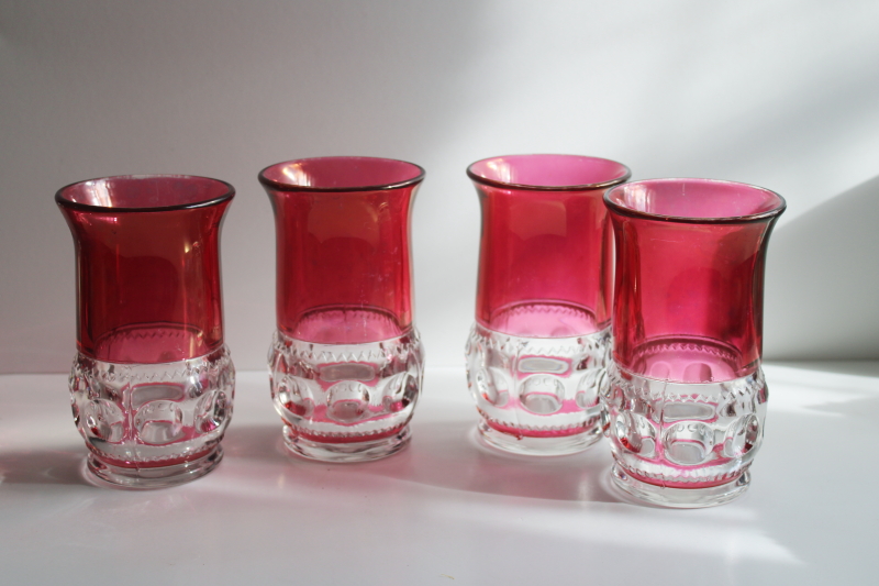 photo of set of 4 tumblers vintage Kings Crown ruby red stain flashed color band #1