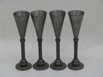 catalog photo of set of 4 vintage pewter wine goblets, tall thin gothic renaissance style shape