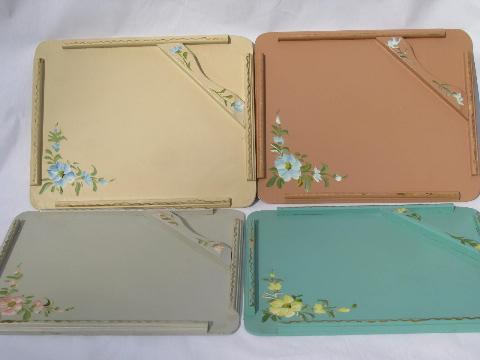 photo of set of 50s vintage folding wood trays for snacks, pretty pastel colors, handpainted flowers #1