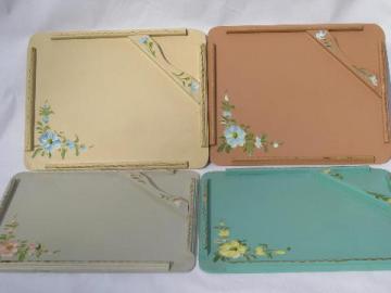 catalog photo of set of 50s vintage folding wood trays for snacks, pretty pastel colors, handpainted flowers