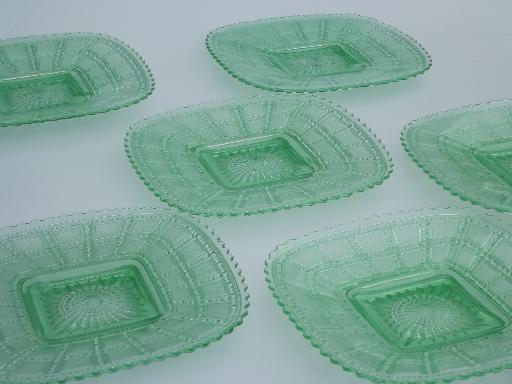 photo of set of 6 Imperial beaded block  glass plates, vintage green depression glass #1