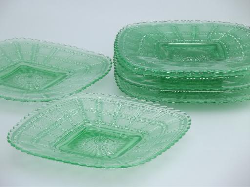 photo of set of 6 Imperial beaded block  glass plates, vintage green depression glass #6