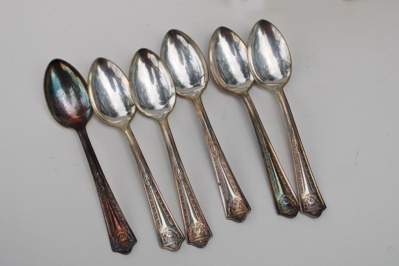 photo of set of 6 antique teaspoons, unused vintage silver plated flatware in original box #6