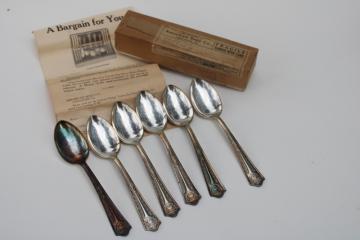 catalog photo of set of 6 antique teaspoons, unused vintage silver plated flatware in original box