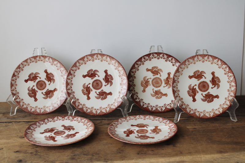 photo of set of 6 ceramic plates brown chickens & sunflower print, vintage Knowles china Hen Party  #1