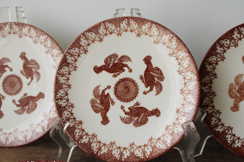 photo of set of 6 ceramic plates brown chickens & sunflower print, vintage Knowles china Hen Party  #2