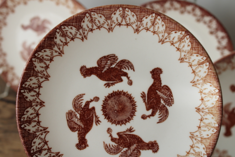 photo of set of 6 ceramic plates brown chickens & sunflower print, vintage Knowles china Hen Party  #4