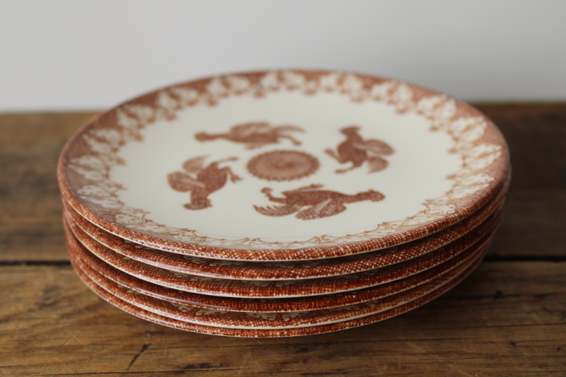 photo of set of 6 ceramic plates brown chickens & sunflower print, vintage Knowles china Hen Party  #8