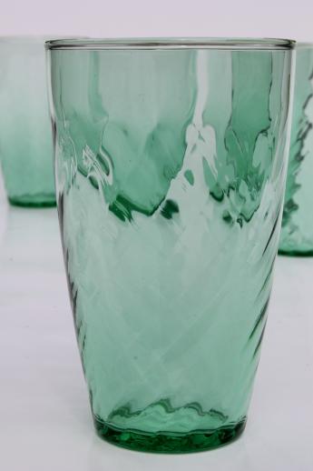 photo of set of 6 green glass drinking glasses, optic swirl pattern vintage Libbey tumblers #2