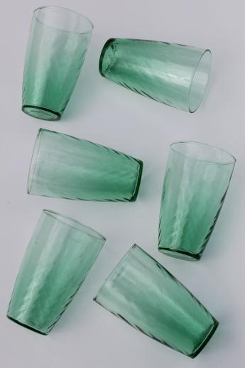photo of set of 6 green glass drinking glasses, optic swirl pattern vintage Libbey tumblers #3