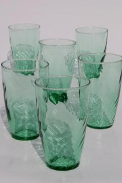 catalog photo of set of 6 green glass drinking glasses, optic swirl pattern vintage Libbey tumblers