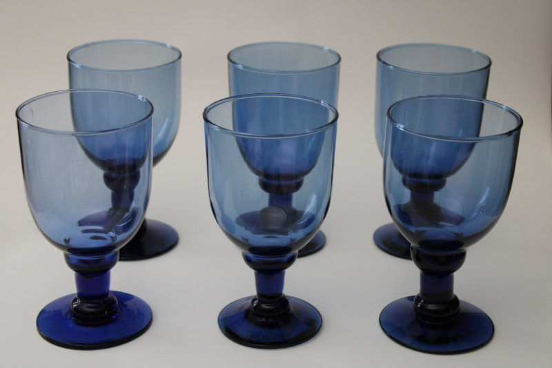 photo of set of 6 hand blown Mexican glass cobalt blue wine glasses or water goblets, new w/ labels vintage #1