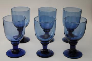 catalog photo of set of 6 hand blown Mexican glass cobalt blue wine glasses or water goblets, new w/ labels vintage