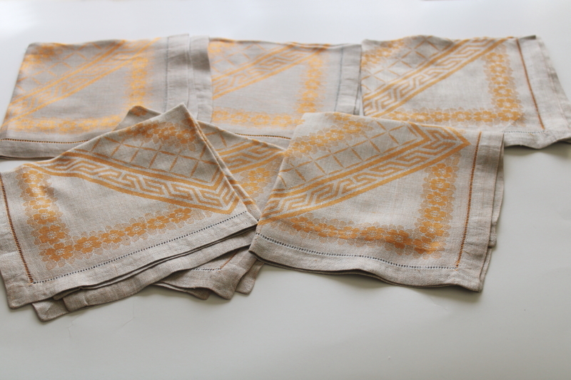 photo of set of 6 unused vintage linen damask napkins, flax brown with mustard gold  #1