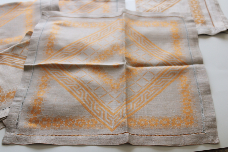 photo of set of 6 unused vintage linen damask napkins, flax brown with mustard gold  #4