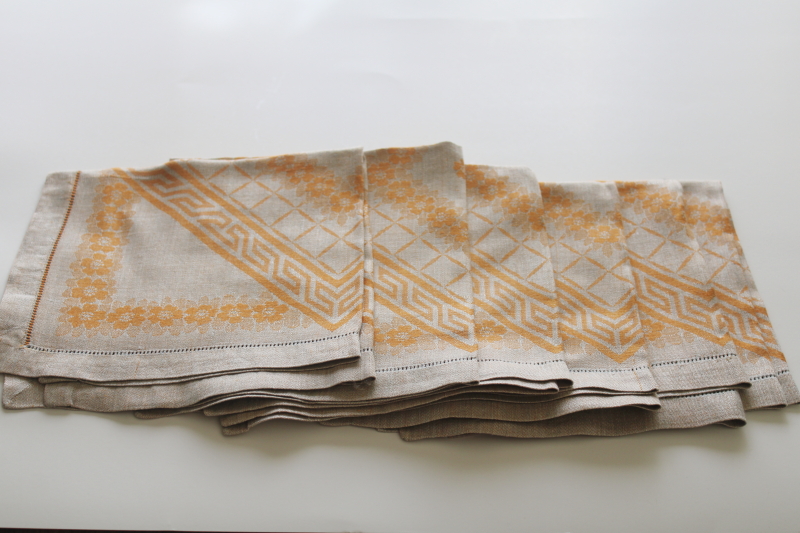 photo of set of 6 unused vintage linen damask napkins, flax brown with mustard gold  #6