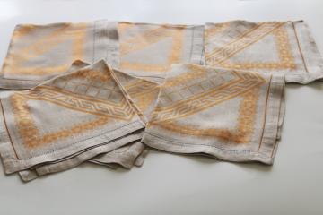 catalog photo of set of 6 unused vintage linen damask napkins, flax brown with mustard gold 